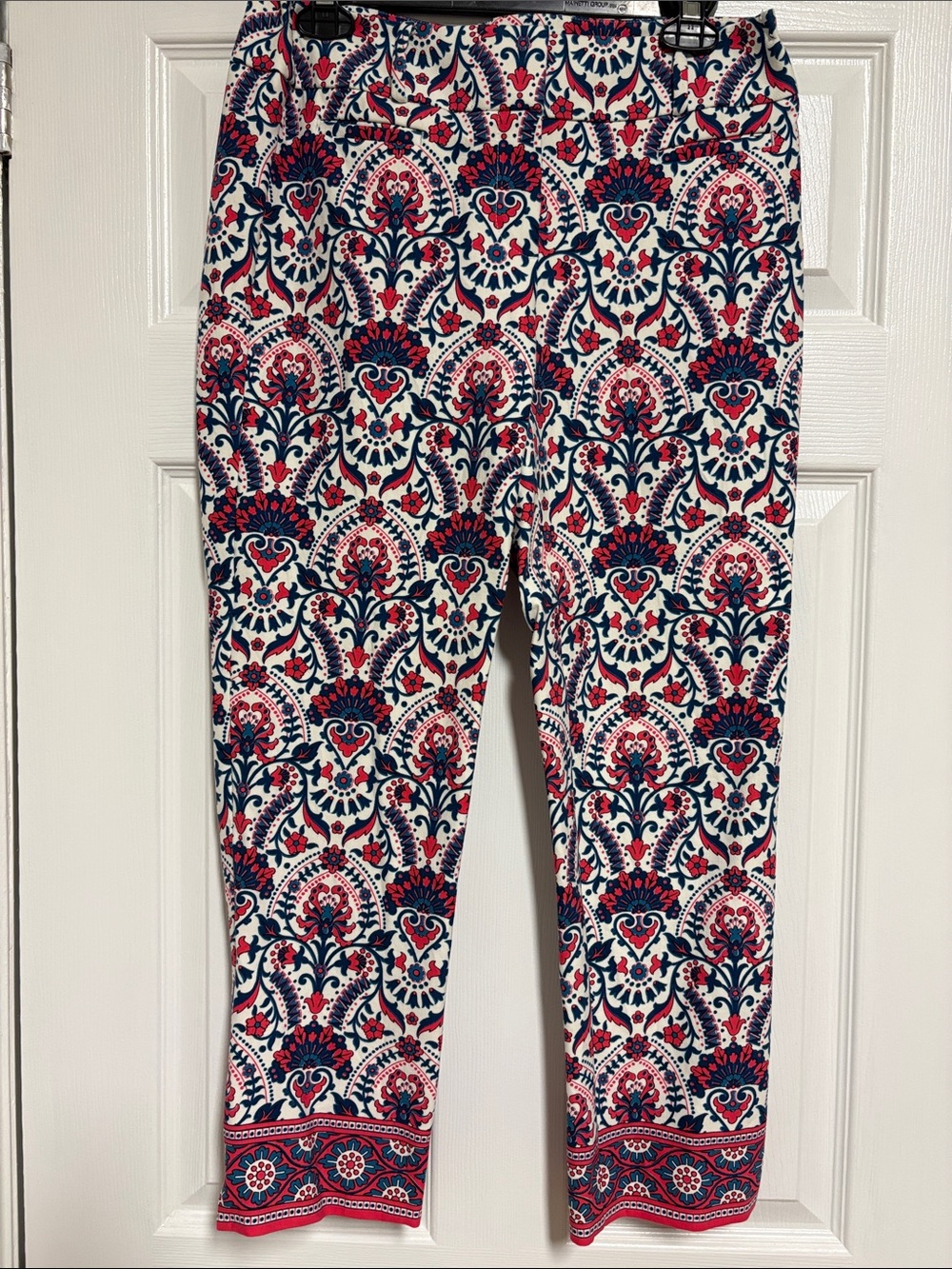 LOFT White Ankle Pants with Navy & Red Medallion Print
